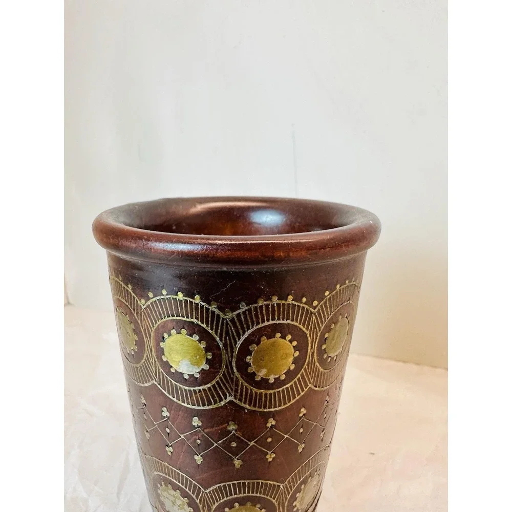 Vintage Soviet-era Russian uskul brass inlay wood pencil cup/vase 4.25